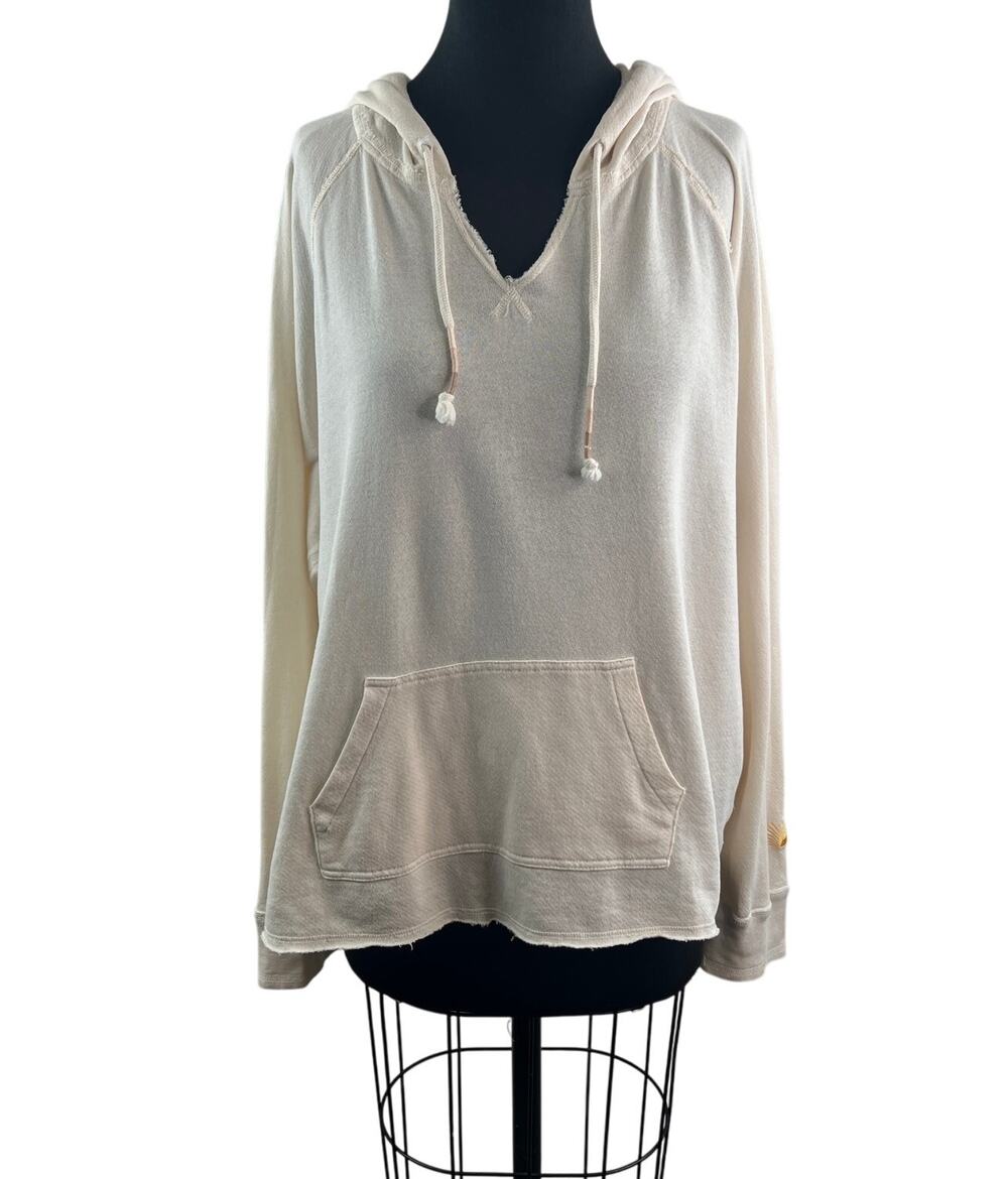 FAHERTY Beige Hoodie Cotton Embroidered Split Hood Raglan Sleeve Pullover Size L